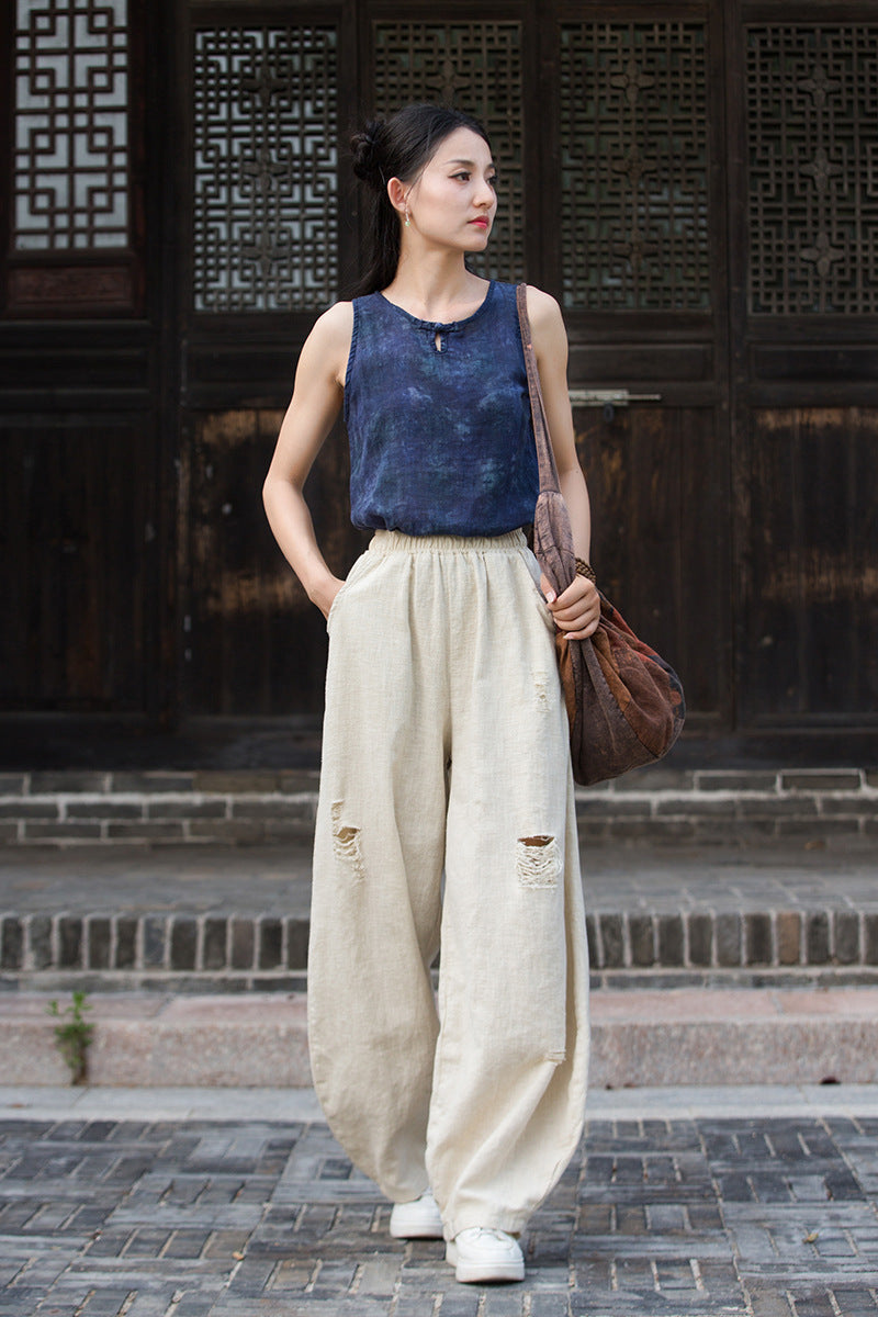 Ramie Linen Cotton Women Pants with Destroyed Look for Tai chi, Linen Wide Leg Pants 250923a