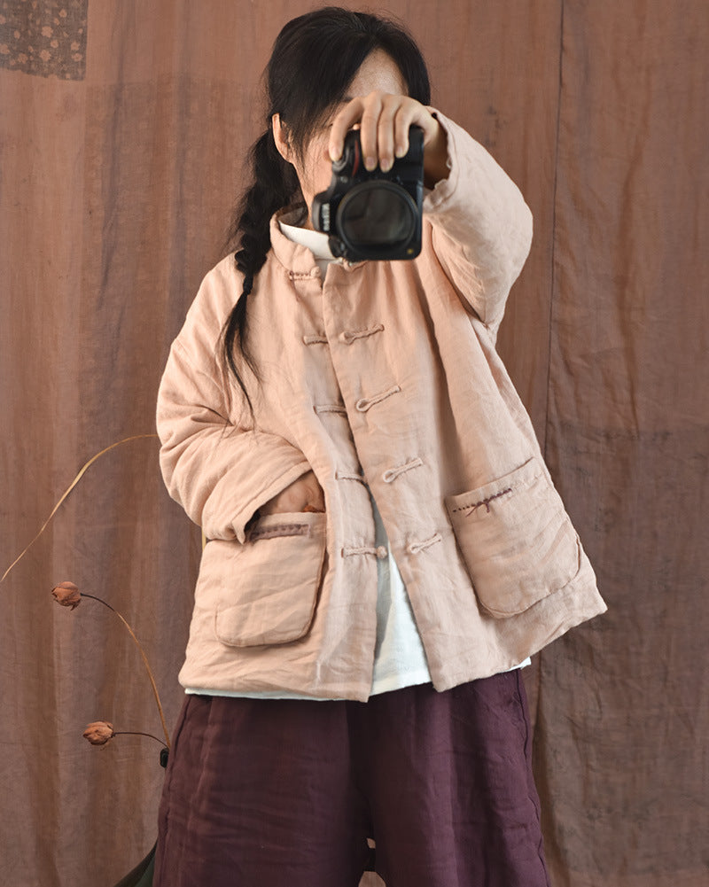100% Linen Autumn Winter Women Quilted Jacket with Handsewing Details in Hanfu Style 250902a