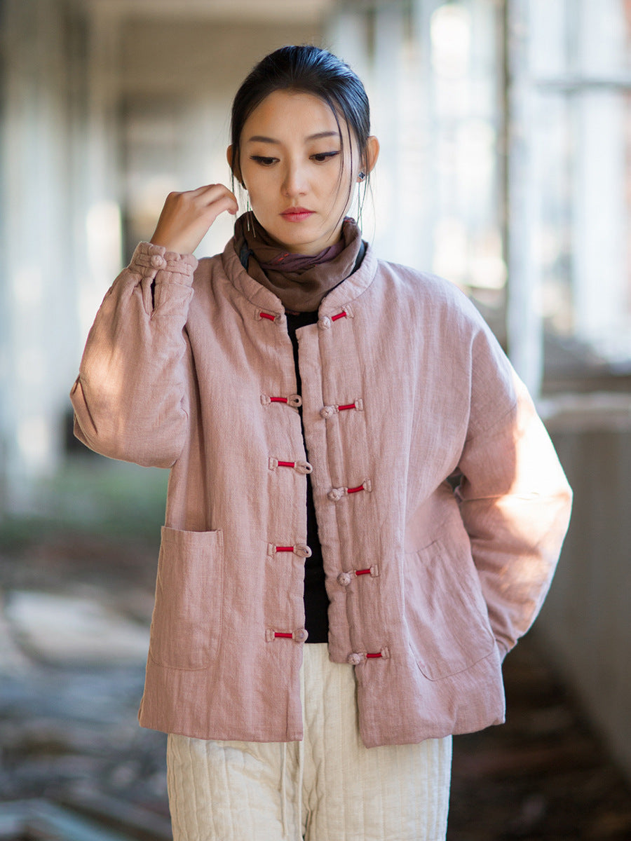 Ramie Cotton Women Quilted Jacket with Pockets & Frog Buttons in Hanfu Style, Chinese style Hanfu 251110w