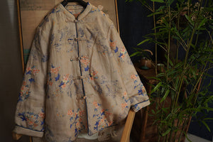Linen Cotton Women Quilted Chinese Jacket with Vintage Floral Print and Traditional Chinese Buttons 240114w