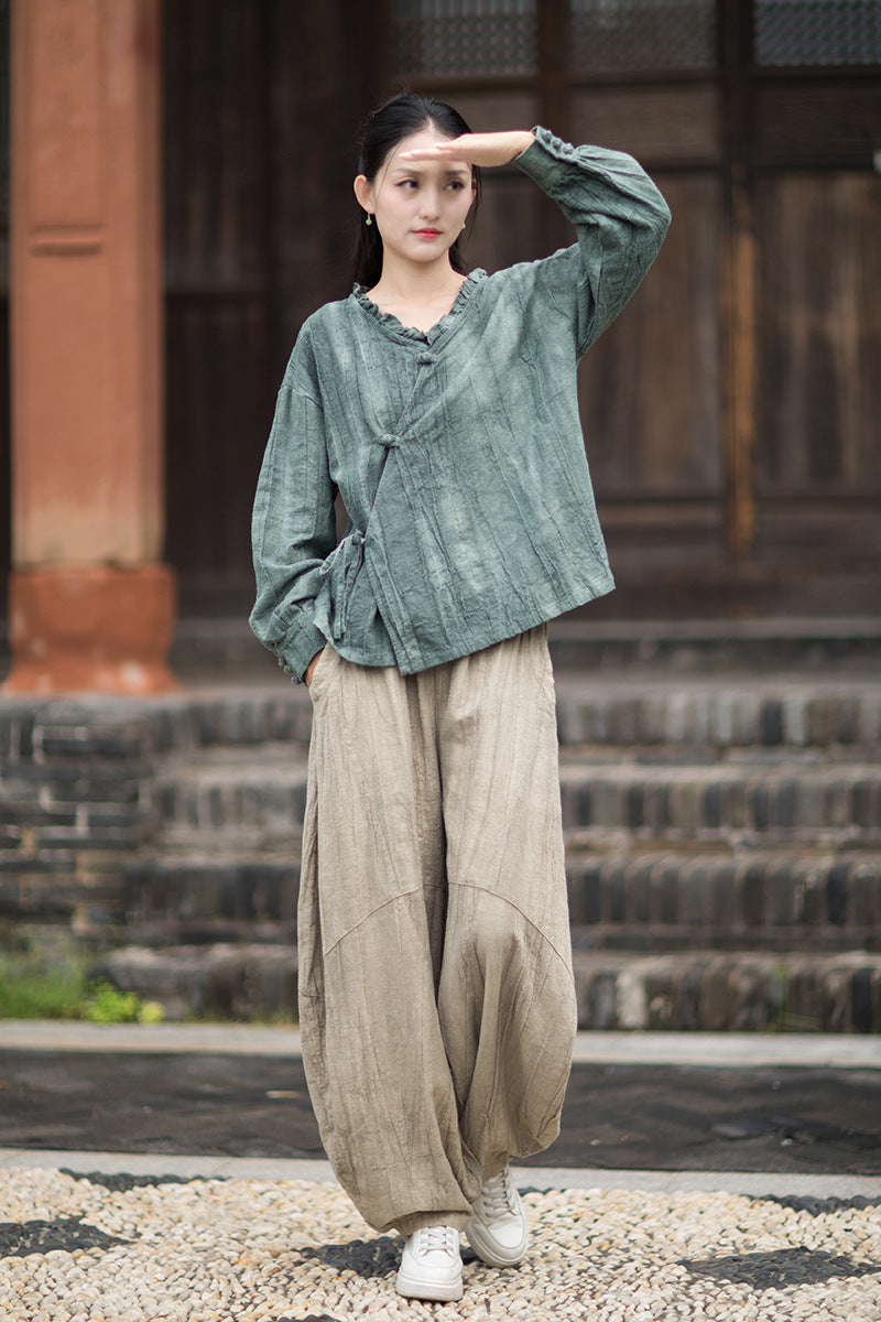 Ramie Linen Women Shirt in Hanfu Style with Ruffled Collar & Diagonal Closure 250922a
