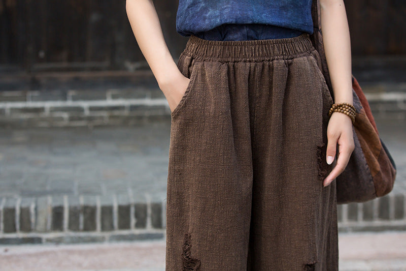 Ramie Linen Cotton Women Pants with Destroyed Look for Tai chi, Linen Wide Leg Pants 250923a
