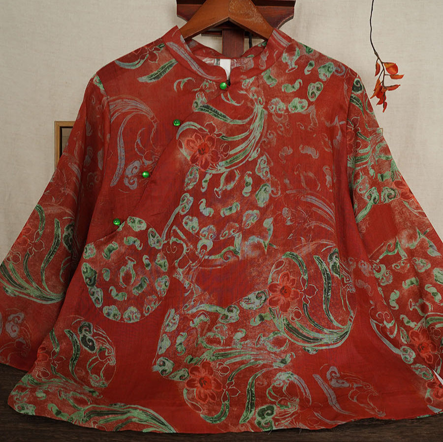 100% Ramie Linen Vintage Chinese Women Shirt with Chinese Traditional Buttons and Vintage Floral Print 242105s