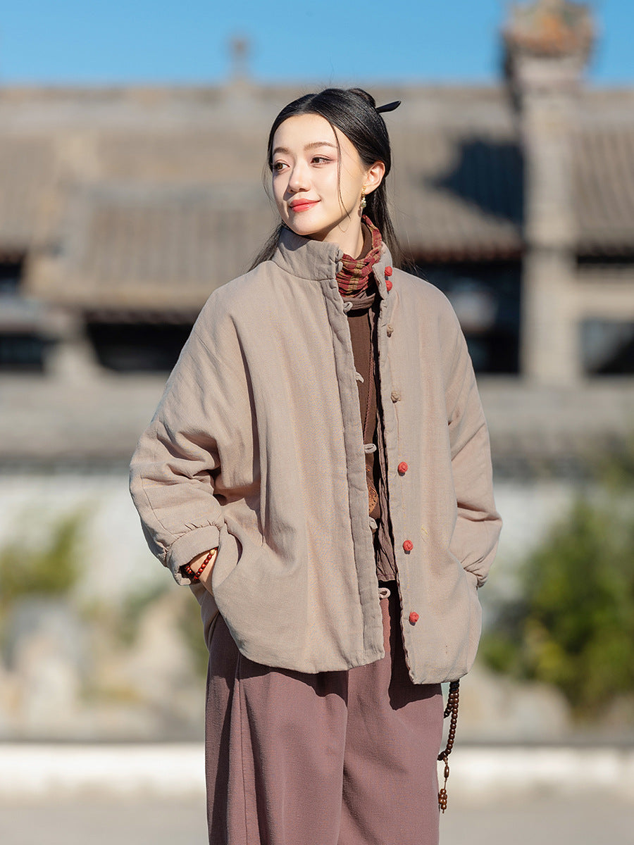 Ramie Linen Cotton Women Quilted Jacket with Pockets & Color-block Buttons in Hanfu Style, Chinese style Hanfu 251121w