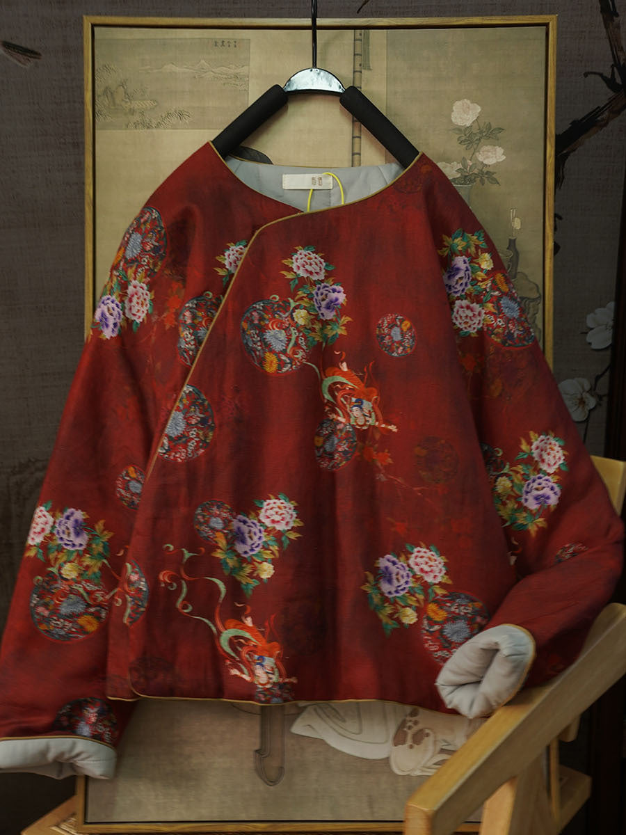 Linen Cotton Women Quilted Chinese Jacket with Traditional Buttons and Vintage Print 251023w