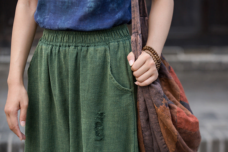 Ramie Linen Cotton Women Pants with Destroyed Look for Tai chi, Linen Wide Leg Pants 250923a