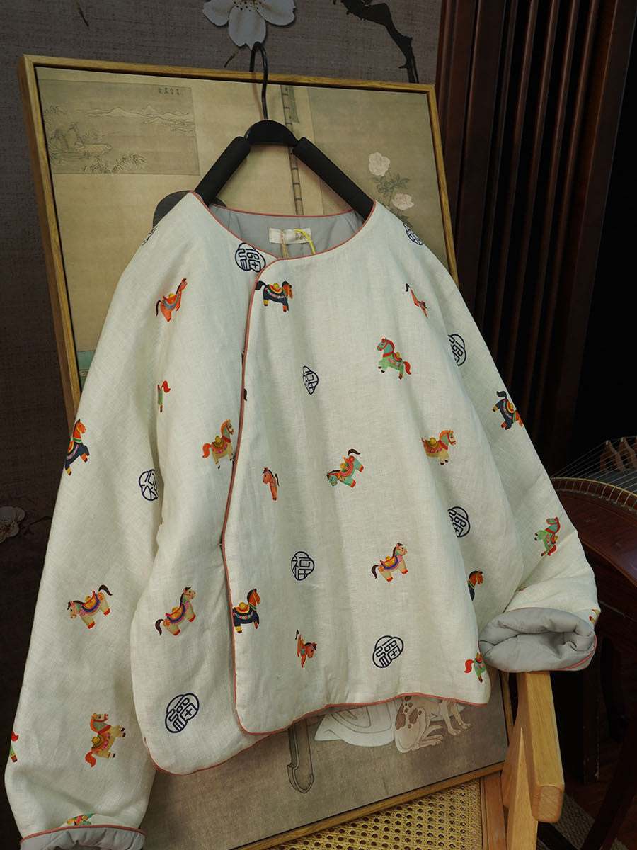 Linen Cotton Women Quilted Chinese Pullover with Vintage Horse Print and Traditional Chinese Buttons 251118w  375020