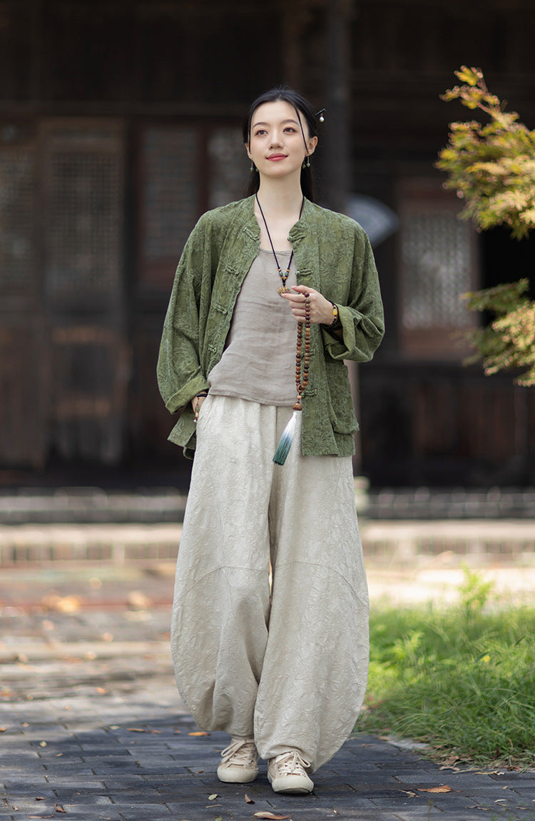 Linen Cotton Women Hanfu Shirt with Wide Leg Carrot Pants Set 251014w