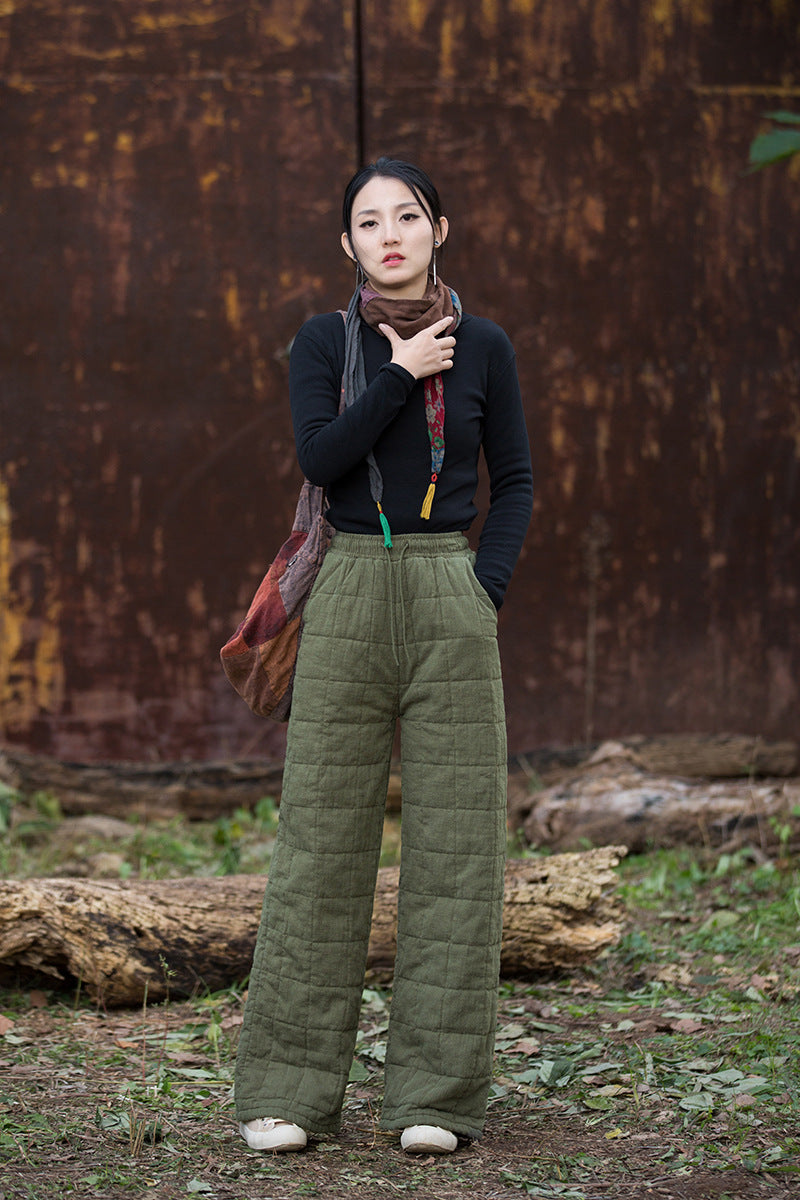 Ramie Linen Cotton Quilted Thick Pants with Pockets & Front Ties, winter women pants 251105w