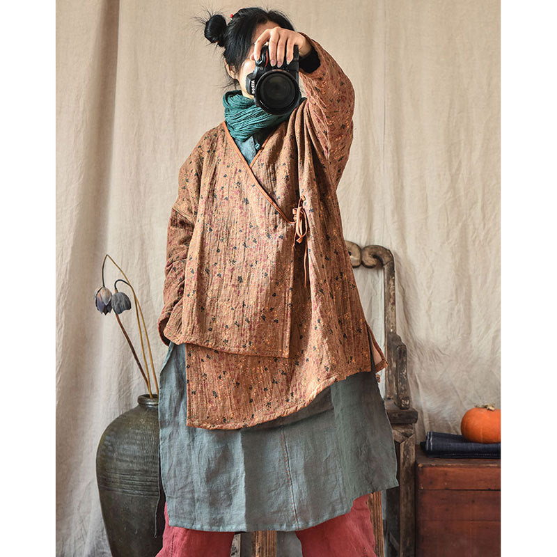 Linen Cotton Cross Collared Autumn Wrap Hanfu with Front-Tie 250905a