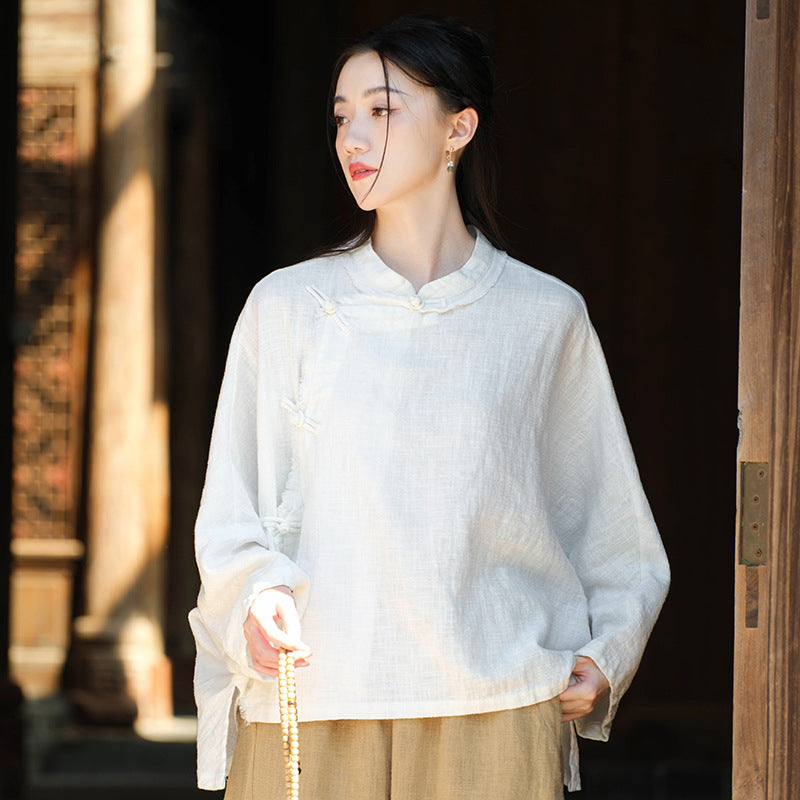 Ramie Linen Women Hanfu Shirt with Chinese Traditional Buttons and Raw Hem 250813s