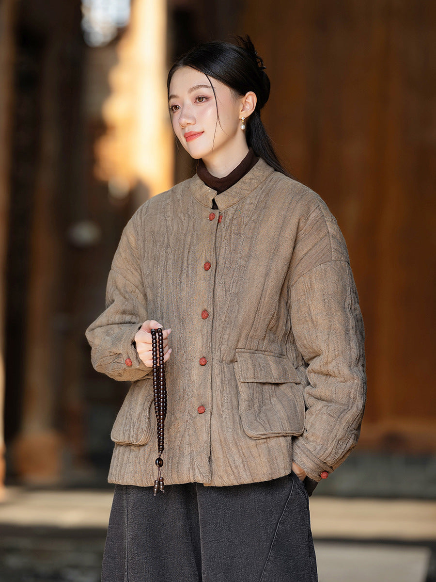 Ramie Linen Cotton Women Quilted Jacket with Pockets & Color-block Buttons in Hanfu Style, Chinese style Hanfu 251120w