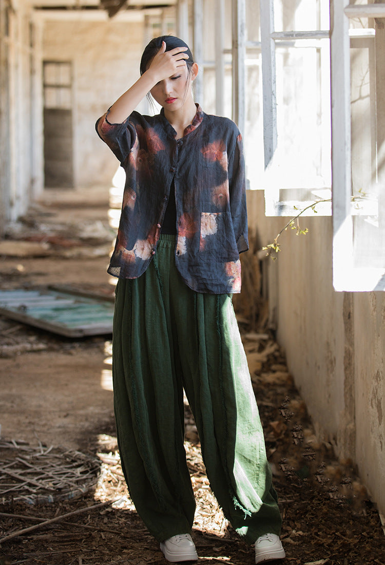 100 Percent Ramie Linen Women Blouse with Vintage Print, linen women shirt 231712a