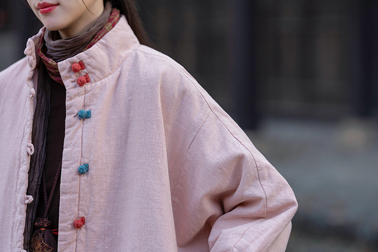 Ramie Linen Cotton Women Quilted Jacket with Pockets & Color-block Buttons in Hanfu Style, Chinese style Hanfu 251121w