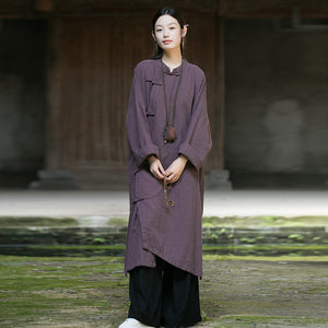 Linen Cotton Women Long Blouse with Pockets and Handwoven Buckle Button, chinese style women blouse linen, Taichi jacket, Tang suit 241003w