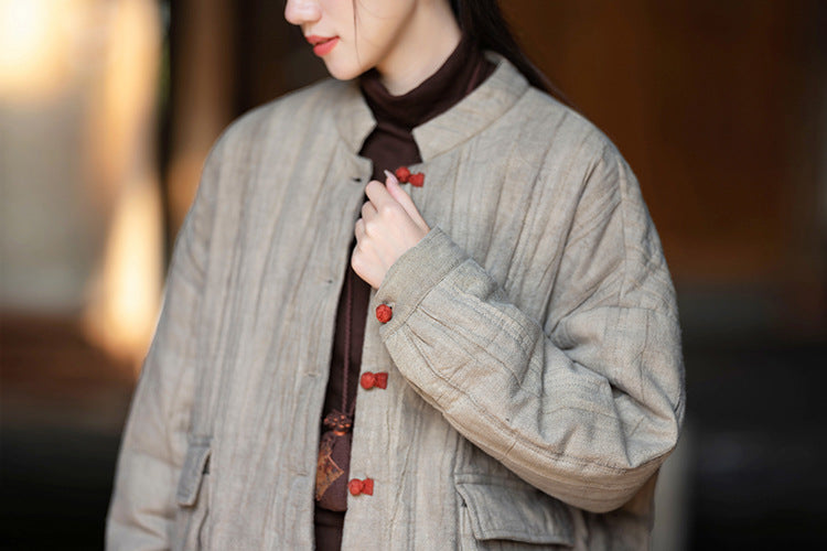 Ramie Linen Cotton Women Quilted Jacket with Pockets & Color-block Buttons in Hanfu Style, Chinese style Hanfu 251120w