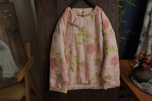 Linen Cotton Women Quilted Chinese Pullover with Vintage Floral Print and Traditional Chinese Buttons 2401120w
