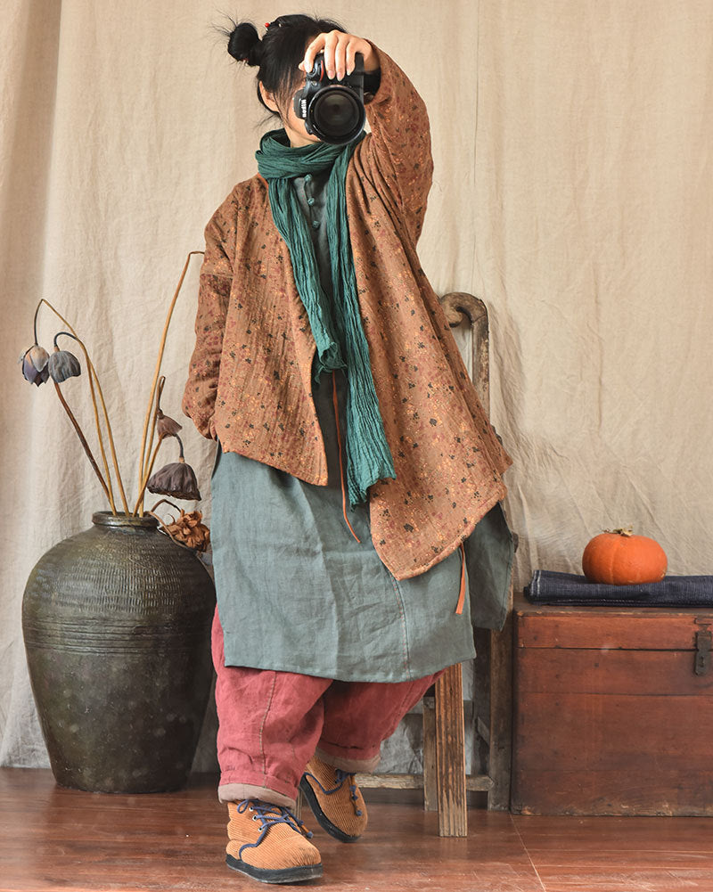 Linen Cotton Cross Collared Autumn Wrap Hanfu with Front-Tie 250905a