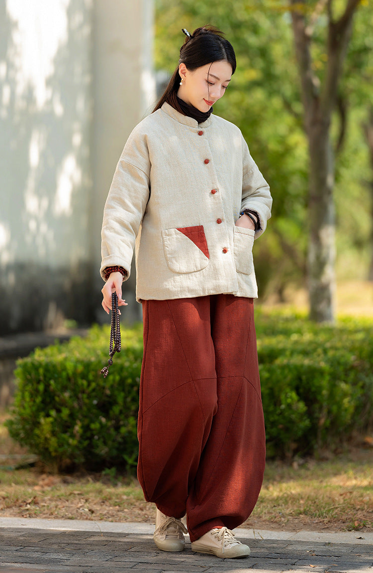 Ramie Linen Cotton Women Quilted Jacket with Pockets & Color-block Buttons in Hanfu Style, Chinese style Hanfu  251123w