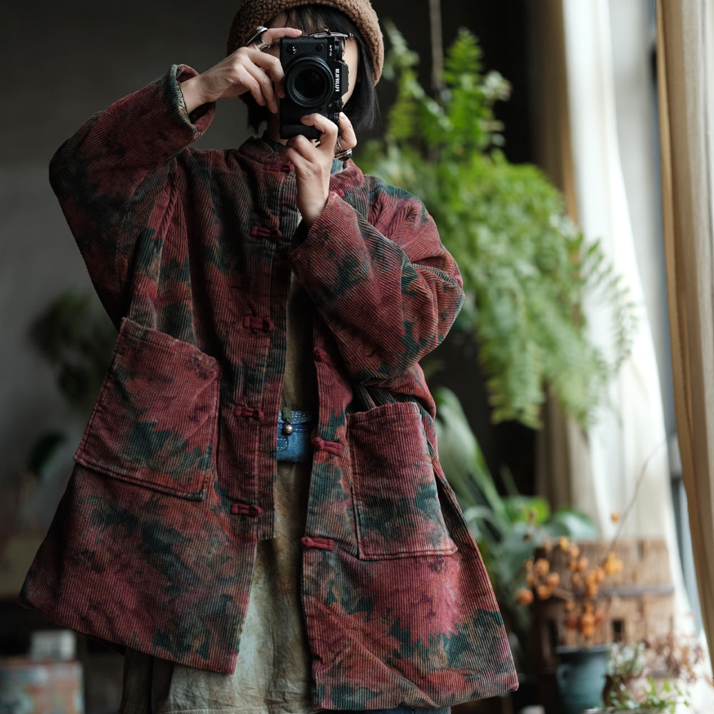 100% Cotton Corduroy Women Quilted Chinese Jacket with Traditional Buttons and Vintage Print 250909a 1453