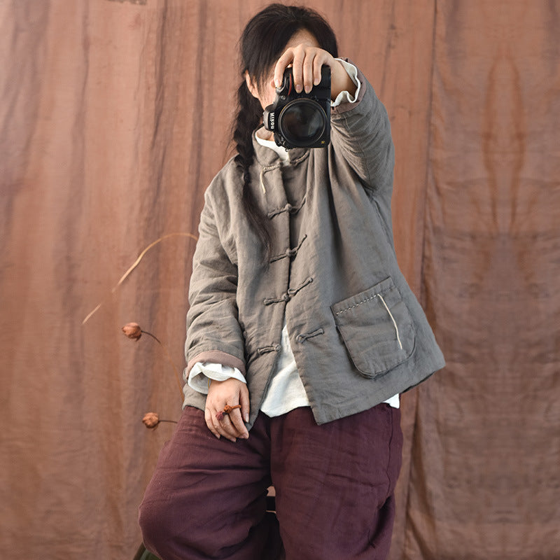 100% Linen Autumn Winter Women Quilted Jacket with Handsewing Details in Hanfu Style 250902a