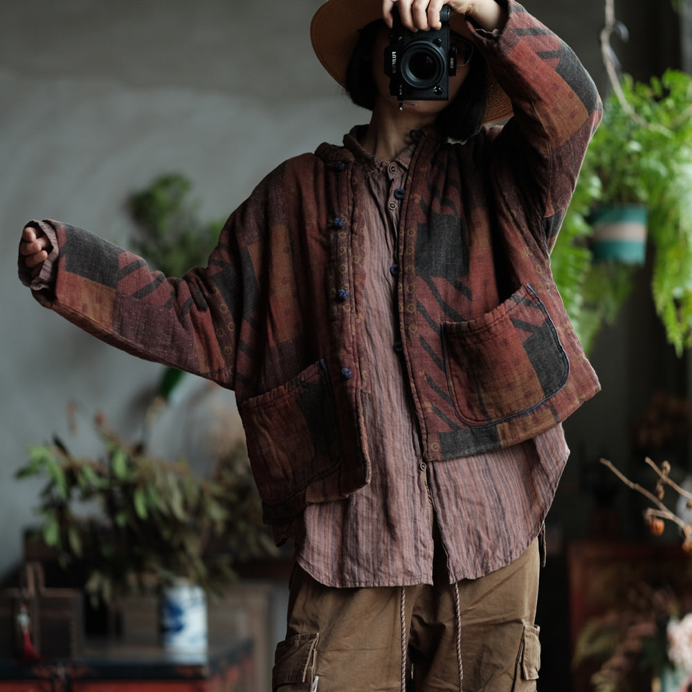 100% Cotton Women Quilted Chinese Jacket with Pockets and Vintage Print 251114w 1791