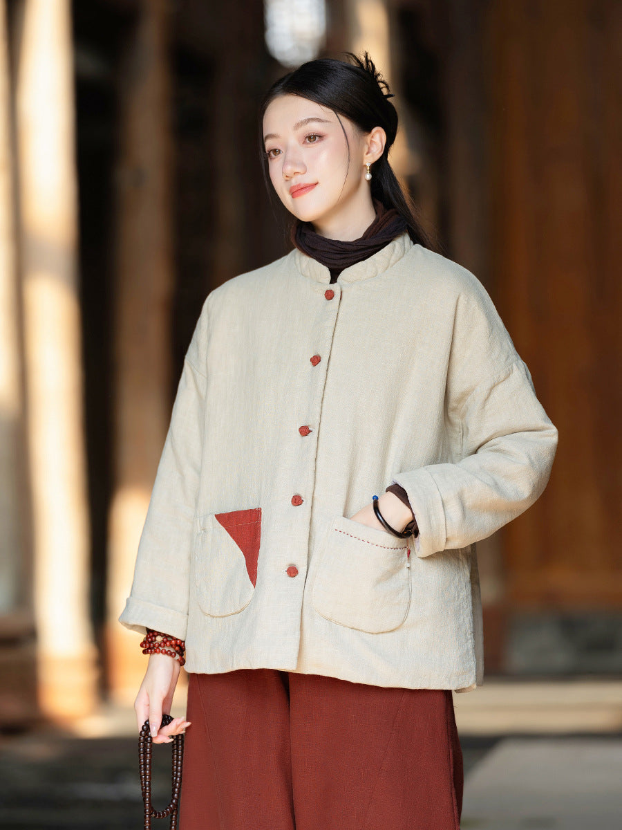 Ramie Linen Cotton Women Quilted Jacket with Pockets & Color-block Buttons in Hanfu Style, Chinese style Hanfu  251123w