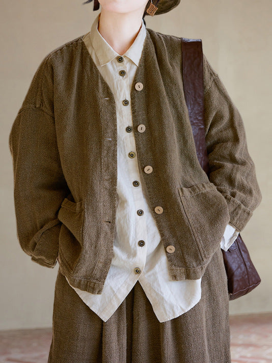 90% Ramie Linen Classic Women Thick Shirt with Pockets 251002w