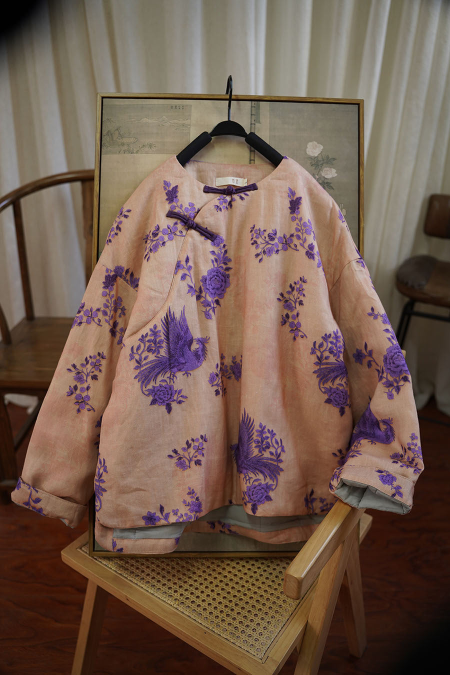 100% Ramie Linen Women Quilted Jacket with Phoenix Print in Hanfu Style, Chinese style Hanfu 251202w