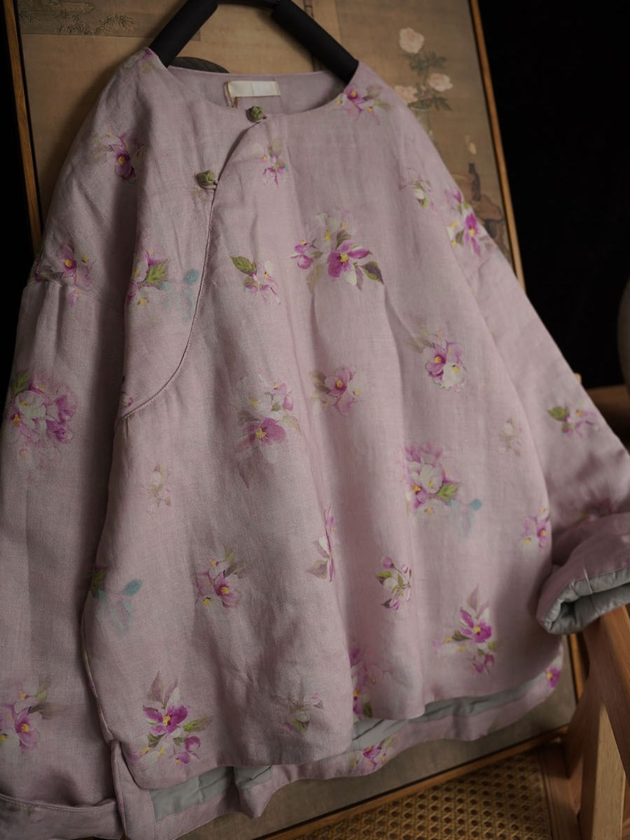 Linen Cotton Women Quilted Chinese Pullover with Vintage Floral Print and Traditional Chinese Buttons 251117w 210018