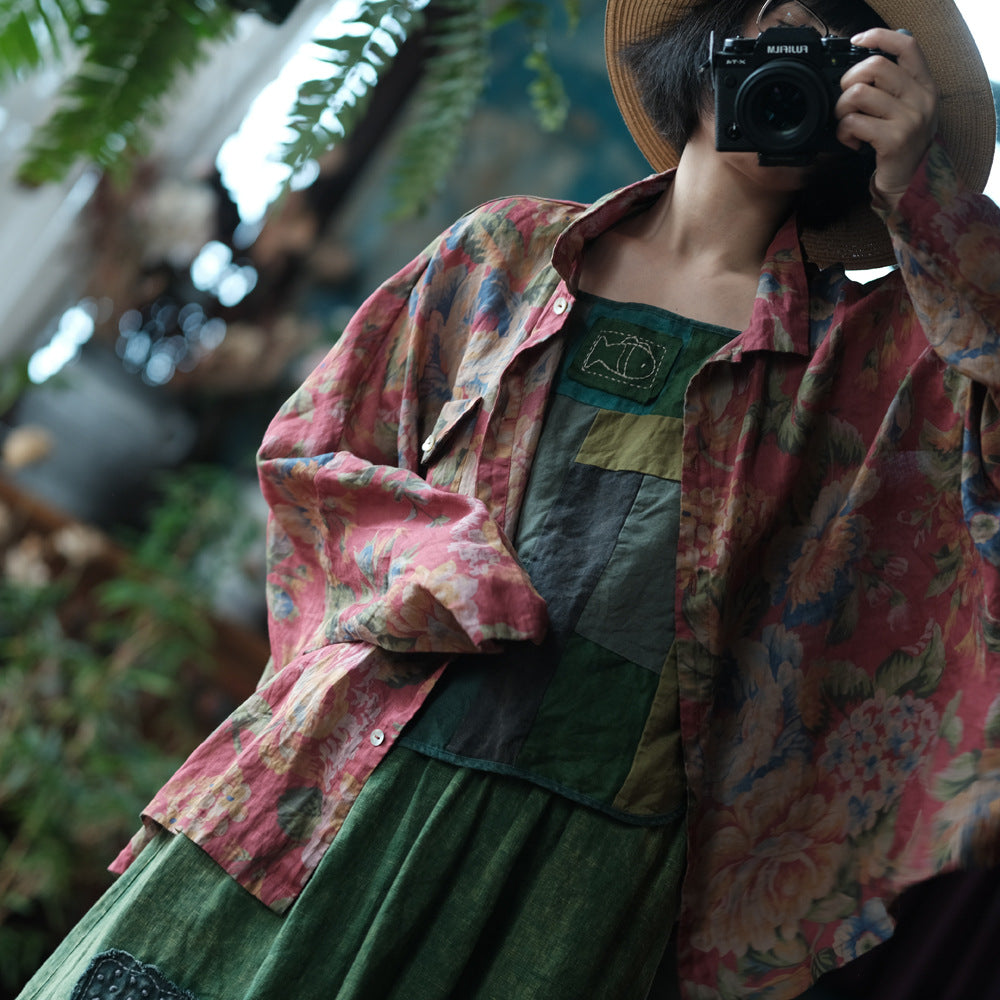 100% Ramie Linen Women Casual Blouse with Floral Print and Long Sleeves, Linen women blouse 250411s 2194
