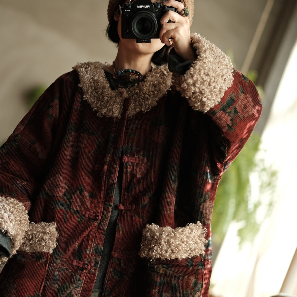 Winter Thick Cord Women Quilted Jacket with Vintage Print in Hanfu Style, Chinese style Hanfu 250203w