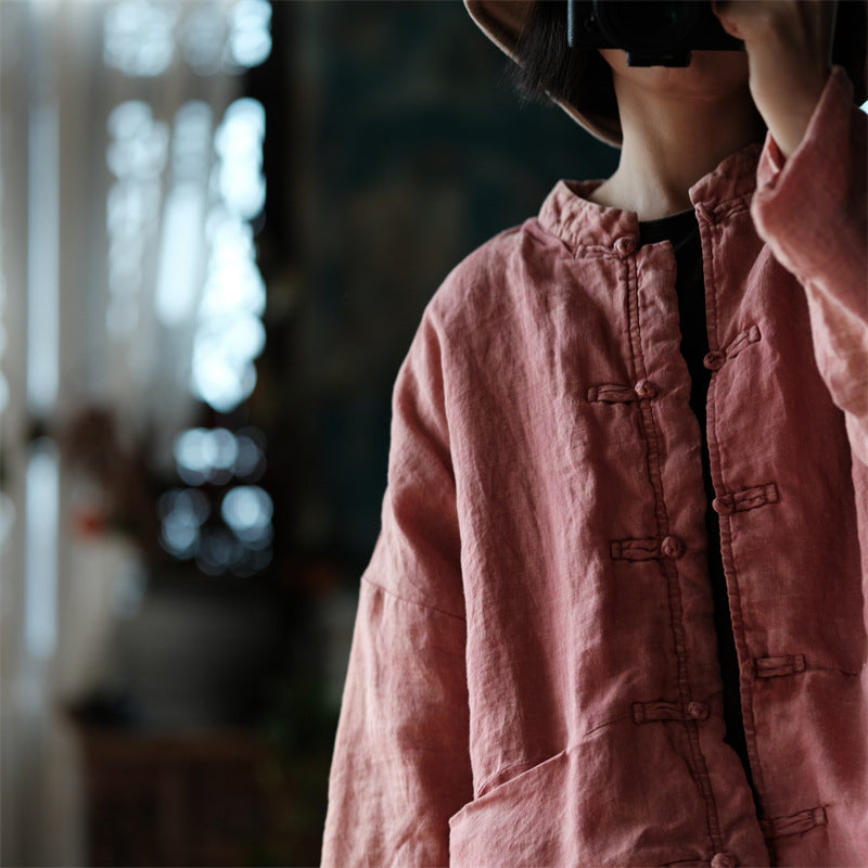 Linen Cotton Women Quilted Chinese Jacket with Pockets and Traditional Buttons 251112w 2127