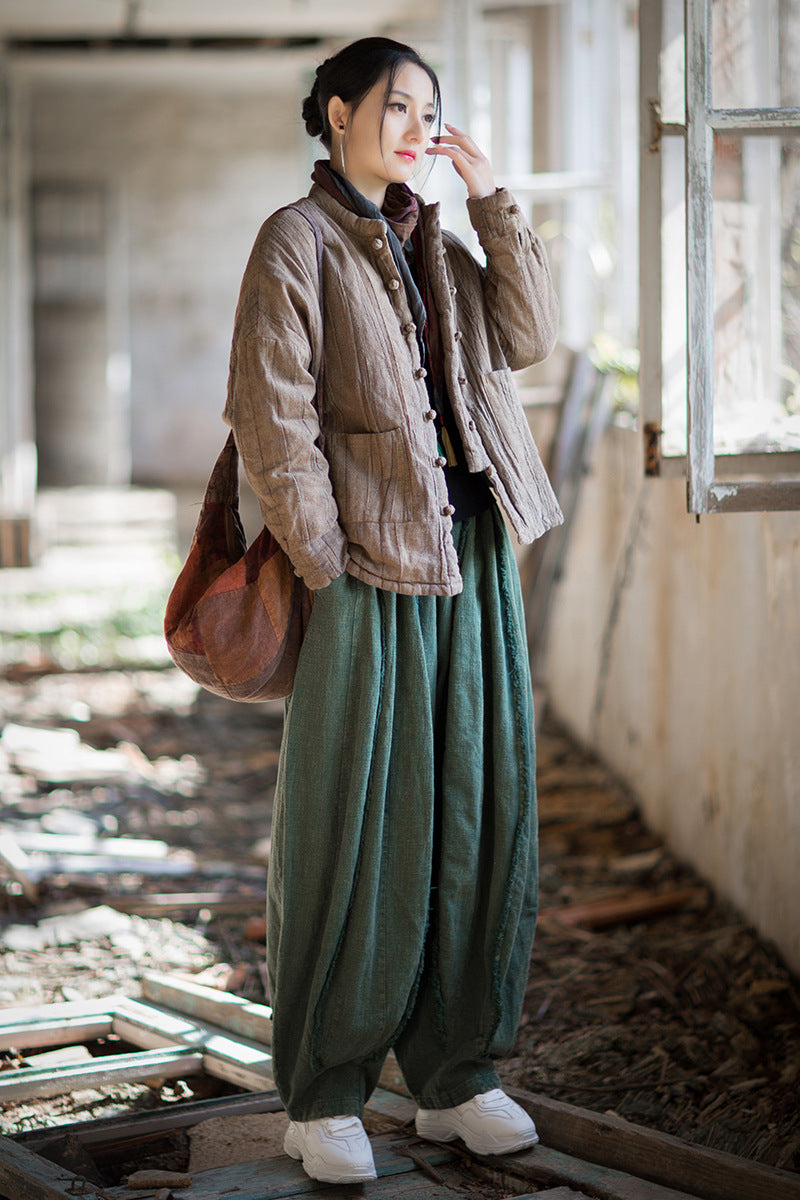 Ramie Linen Cotton Women Quilted Jacket with Pockets & Frog Buttons in Hanfu Style, Chinese style Hanfu 251109w
