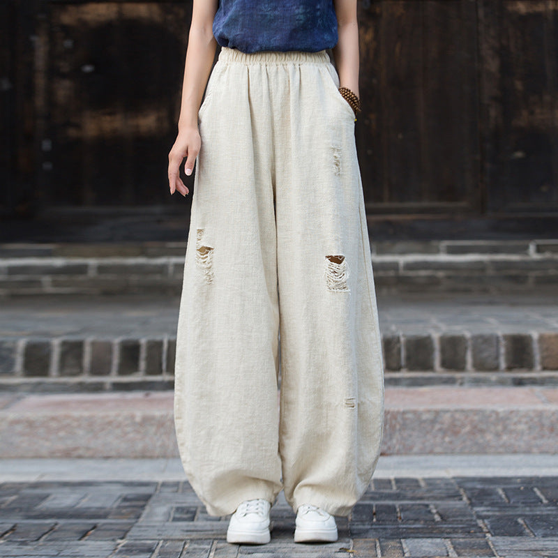 Ramie Linen Cotton Women Pants with Destroyed Look for Tai chi, Linen Wide Leg Pants 250923a
