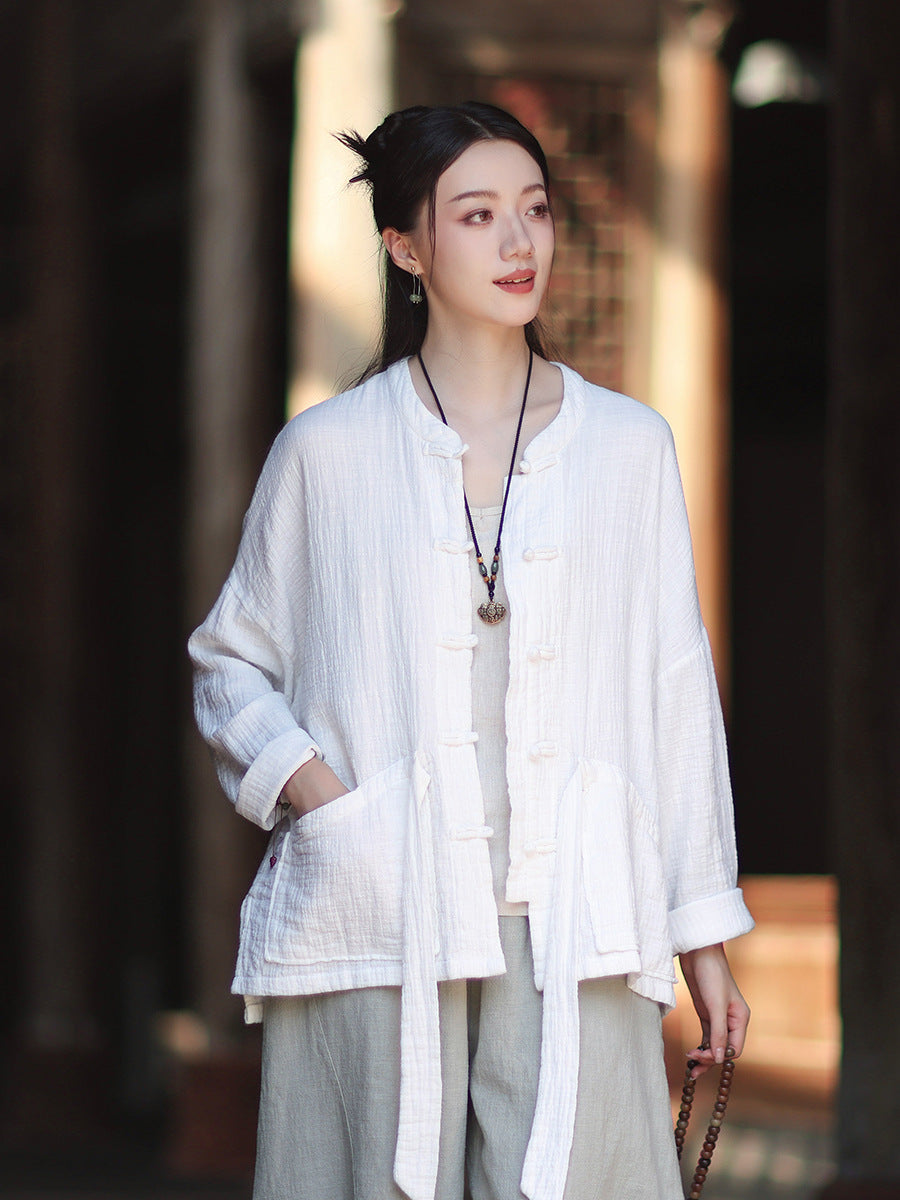 100% Cotton Women Hanfu Shirt with Chinese Traditional Buttons & Pockets 251016w