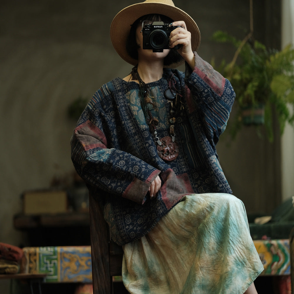 100% Cotton Women Quilted Loose Pullover with Floral Print 250912a 2147