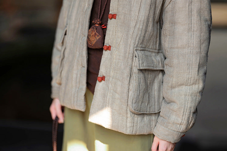 Ramie Linen Cotton Women Quilted Jacket with Pockets & Color-block Buttons in Hanfu Style, Chinese style Hanfu 251120w