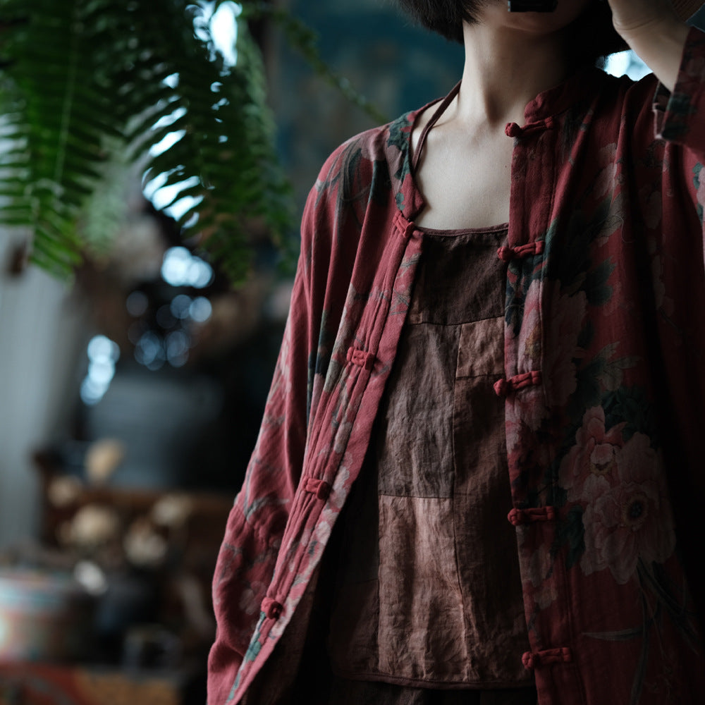 100% Cotton Chinese Women Long Blouse with Traditional Buttons and Vintage Print, linen women Shirt Jacket  250409s 2099