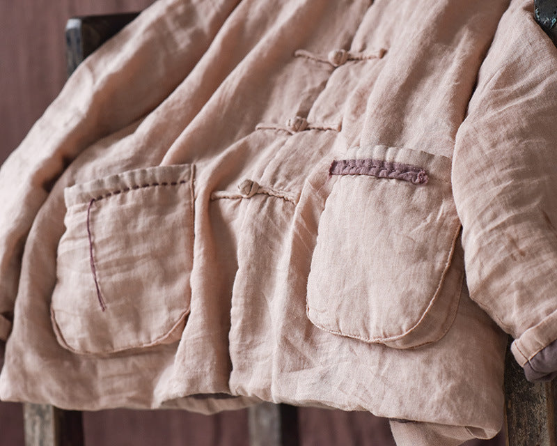 100% Linen Autumn Winter Women Quilted Jacket with Handsewing Details in Hanfu Style 250902a