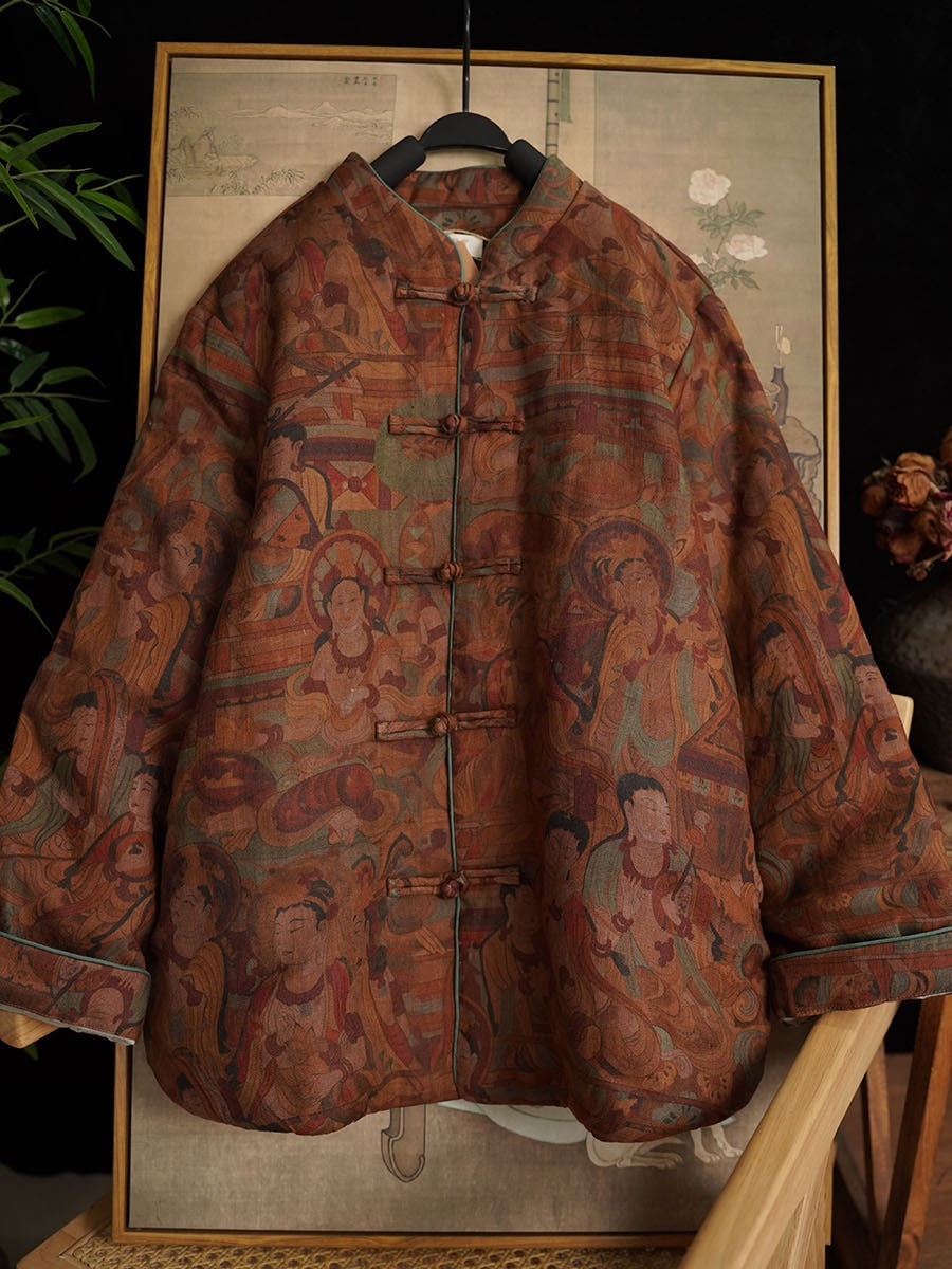 Linen Cotton Thick Women Quilted Jacket in Hanfu Style with Vintage Print 251022w