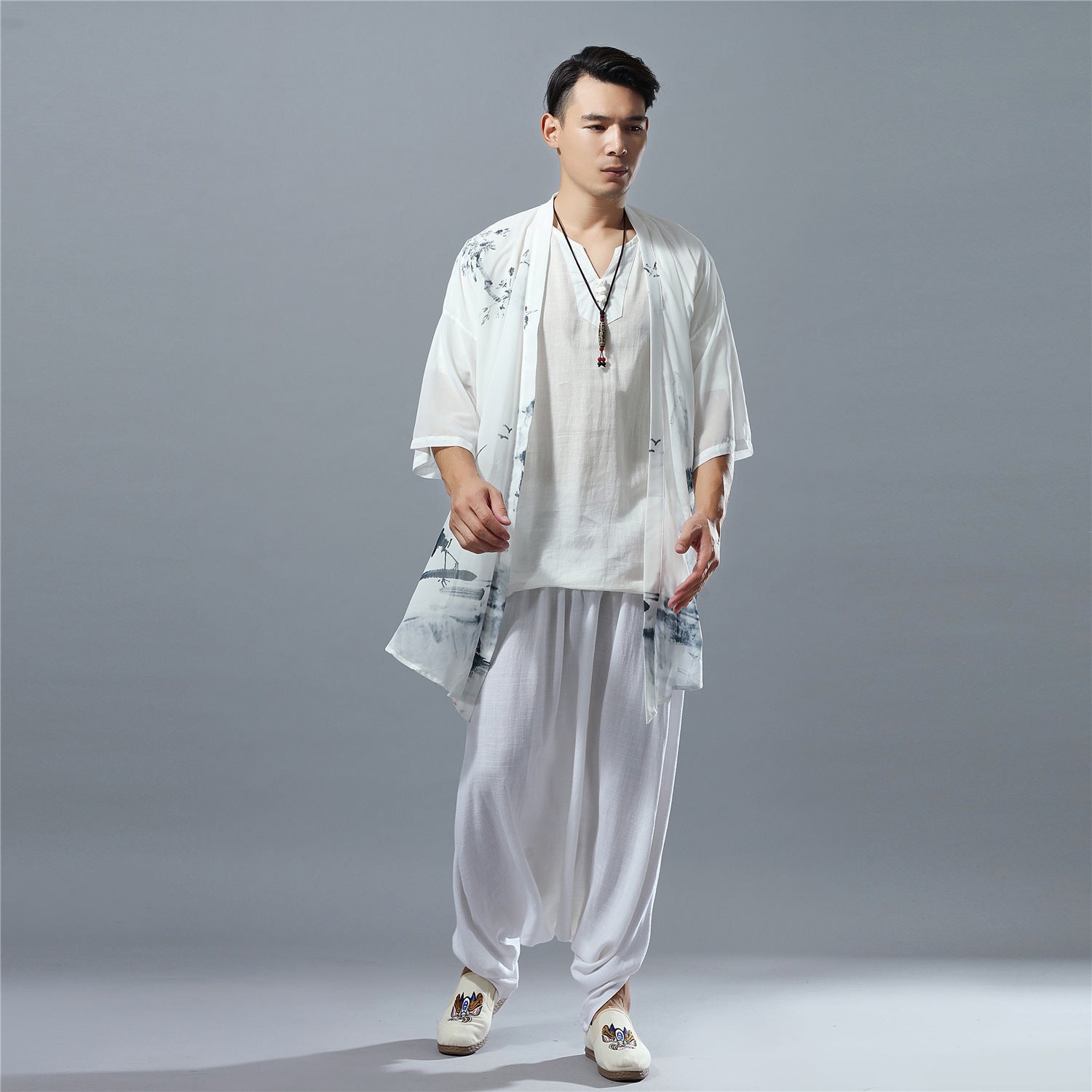 Men Chiffon Irregular Noragi with Chinese Vintage Print, Summer Cardigan 240712s