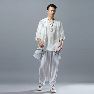 Men Chiffon Irregular Noragi with Chinese Vintage Print, Summer Cardigan 240712s