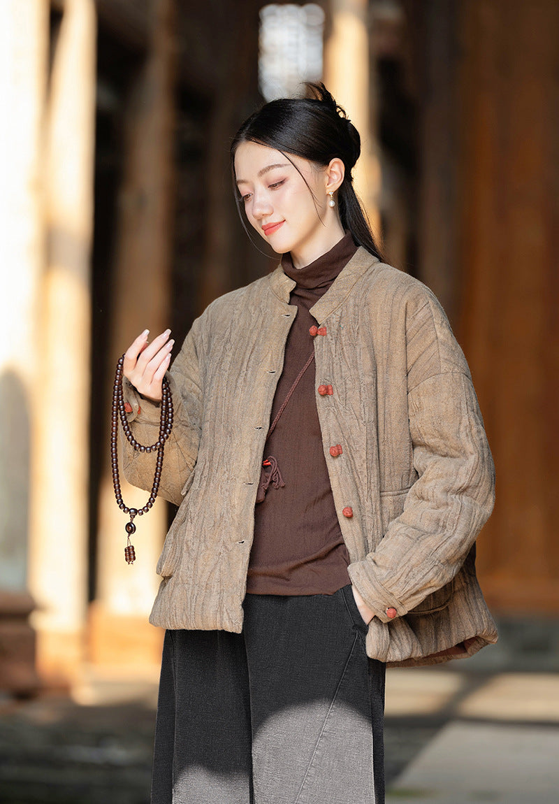 Ramie Linen Cotton Women Quilted Jacket with Pockets & Color-block Buttons in Hanfu Style, Chinese style Hanfu 251120w