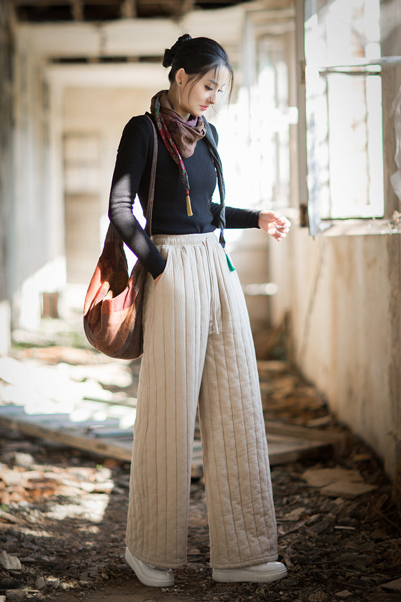 100% Cotton  Quilted Thick Pants with Pockets, women winter padded pants  251104w