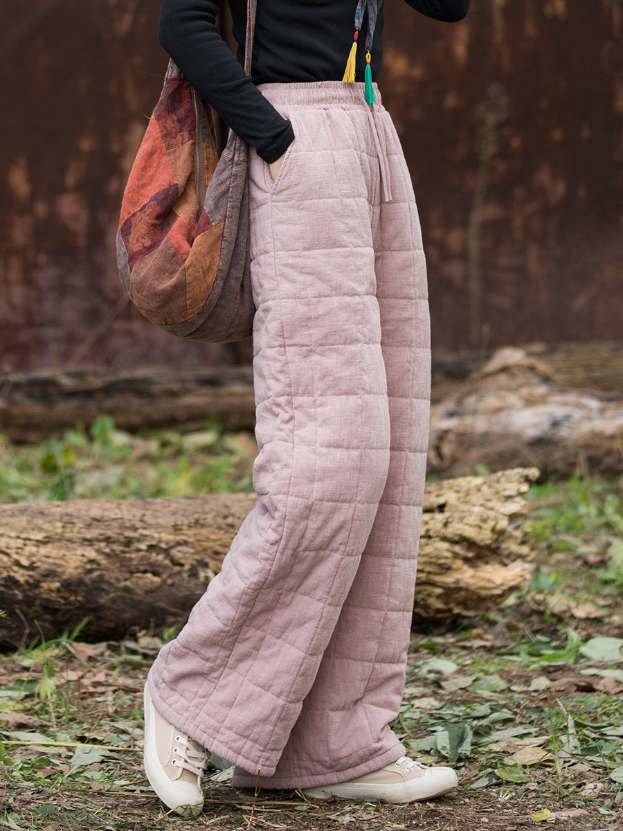 Ramie Linen Cotton Quilted Thick Pants with Pockets & Front Ties, winter women pants 251105w