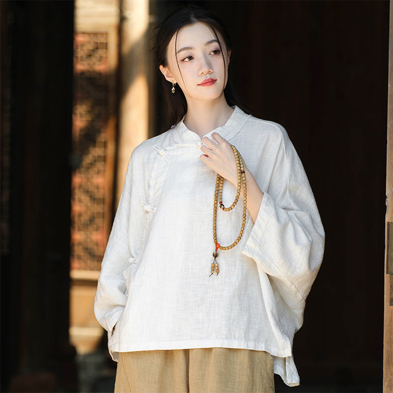 Ramie Linen Women Hanfu Shirt with Chinese Traditional Buttons and Raw Hem 250813s