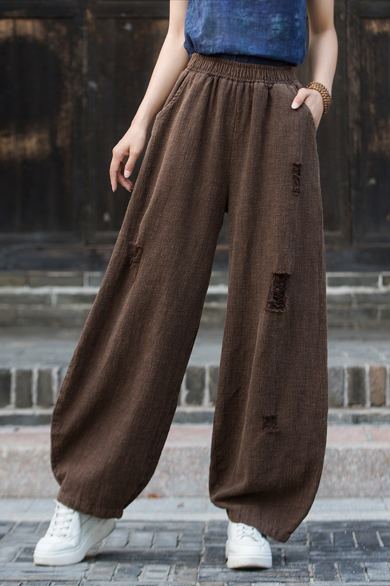 Ramie Linen Cotton Women Pants with Destroyed Look for Tai chi, Linen Wide Leg Pants 250923a