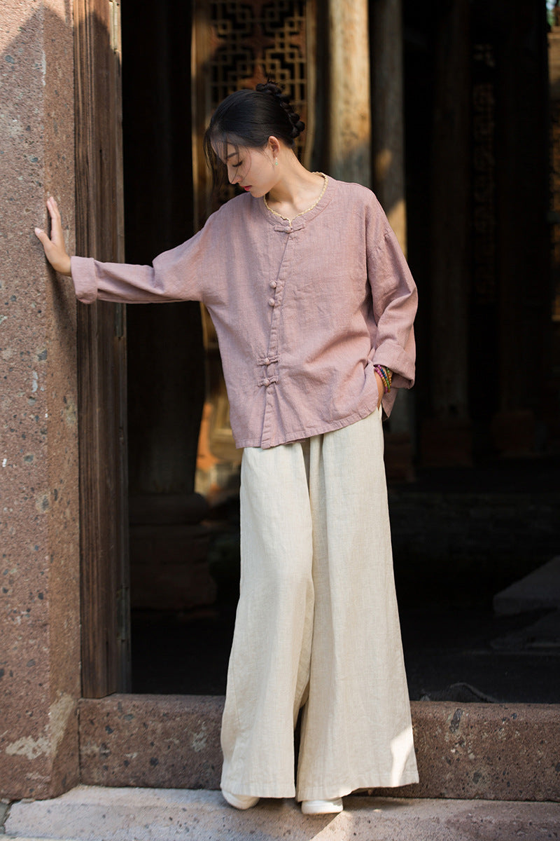 Ramie Linen Women Shirt in Hanfu Style with Diagonal Closure and Frog Buttons 250921a