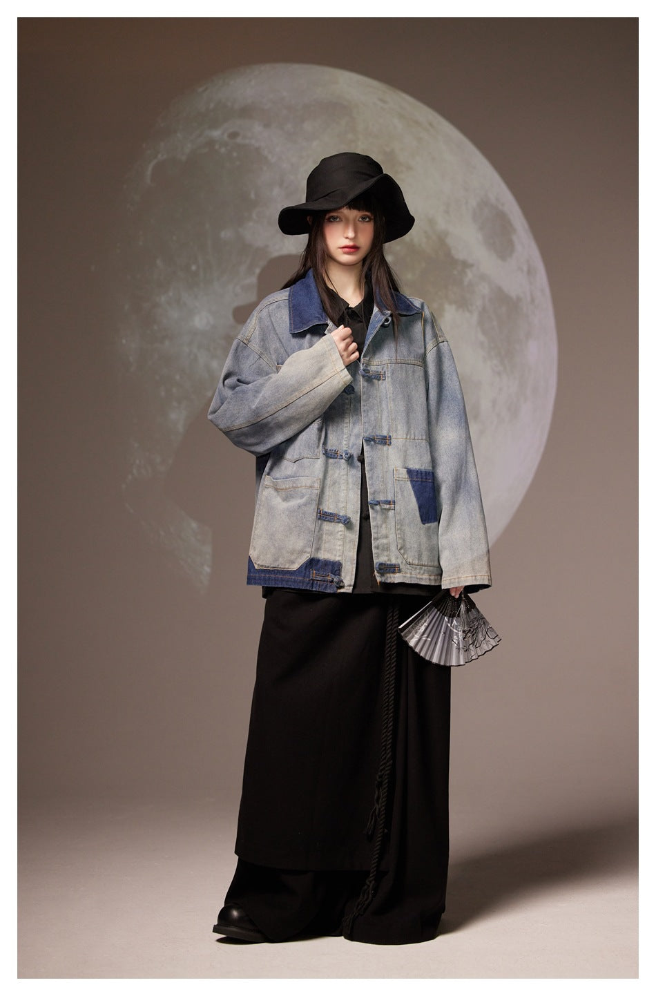 Unisex Retro New Chinese Hanfu Jeans Jacke with Chinese Traditional Buttons und Patchwork 241012w